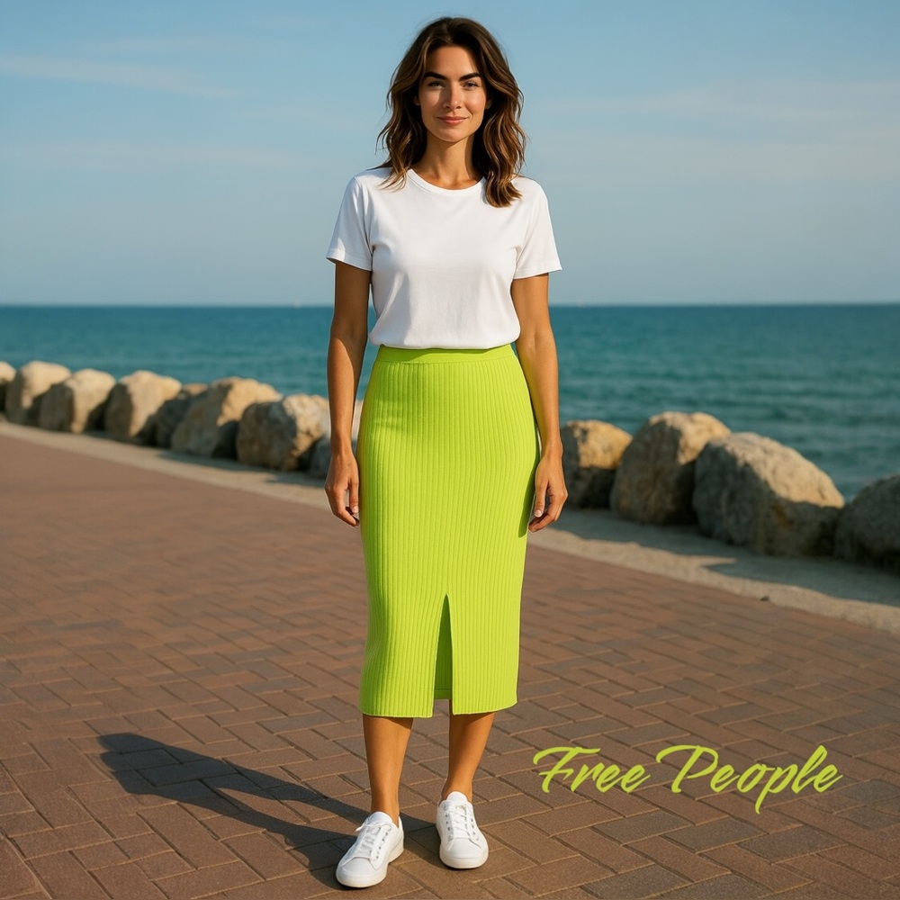 FREE PEOPLE NEON GREEN KNIT LONG SKIRT